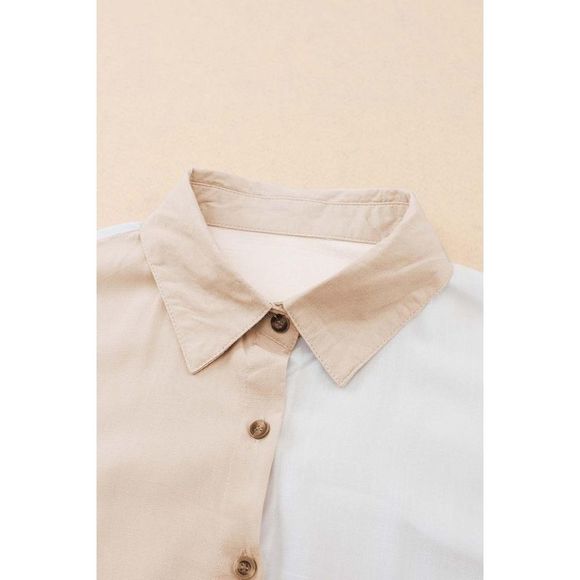 Azura Exchange  Khaki Colorblock Buttons Shirt-Collar Long Sleeve Pocket Blouse - Picture 12 of 13